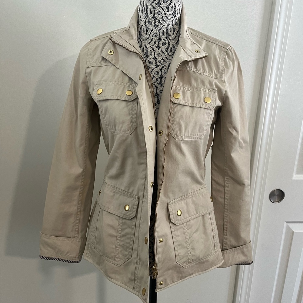 Women's Tan J.CREW Utility Jacket with gold accents